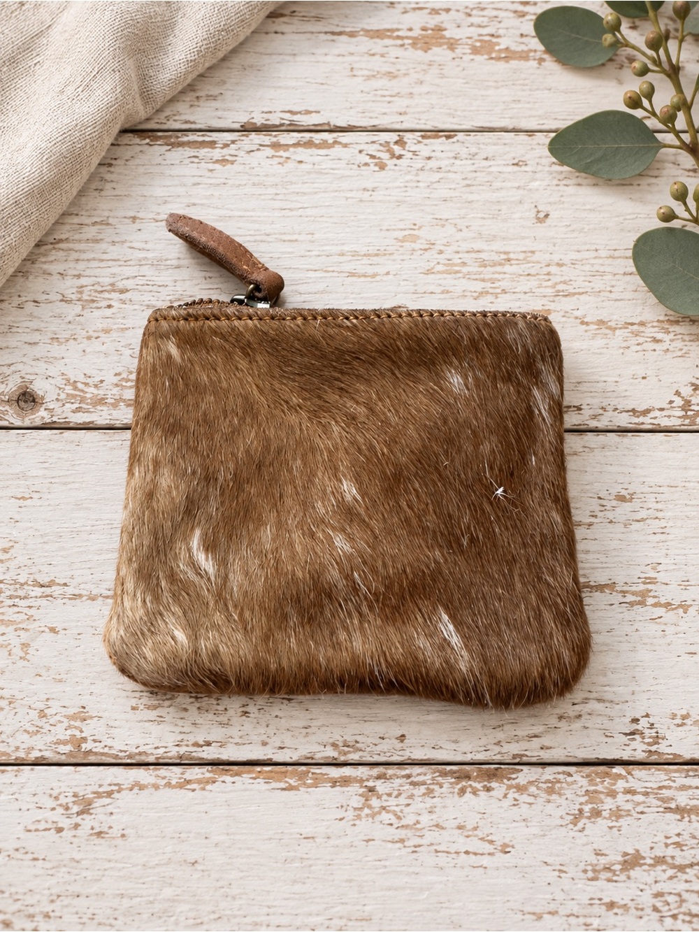 Brown & White Cowhide Zip Coin Pouch | Western Style